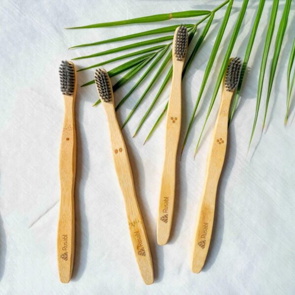 eartha essentials(Pack of 4) Organic Bamboo Toothbrush with Charcoal Activated Soft Bristles, & Anti-bacterial, Eco-friendly, Biodegradable